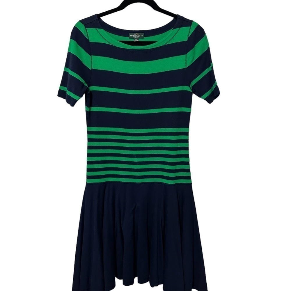 LAUREN JEANS RALPH LAUREN NAVY/GREEN STRIPED DRESS PM Preppy Holiday